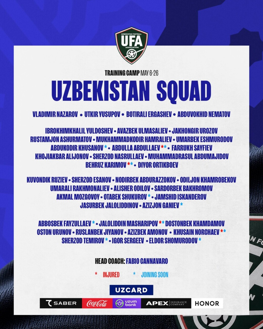 Cannavaro names expanded squad for 2026 World Cup